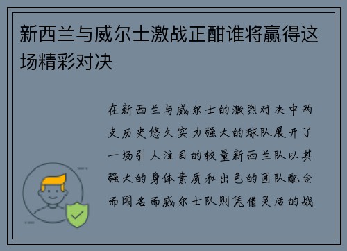 新西兰与威尔士激战正酣谁将赢得这场精彩对决